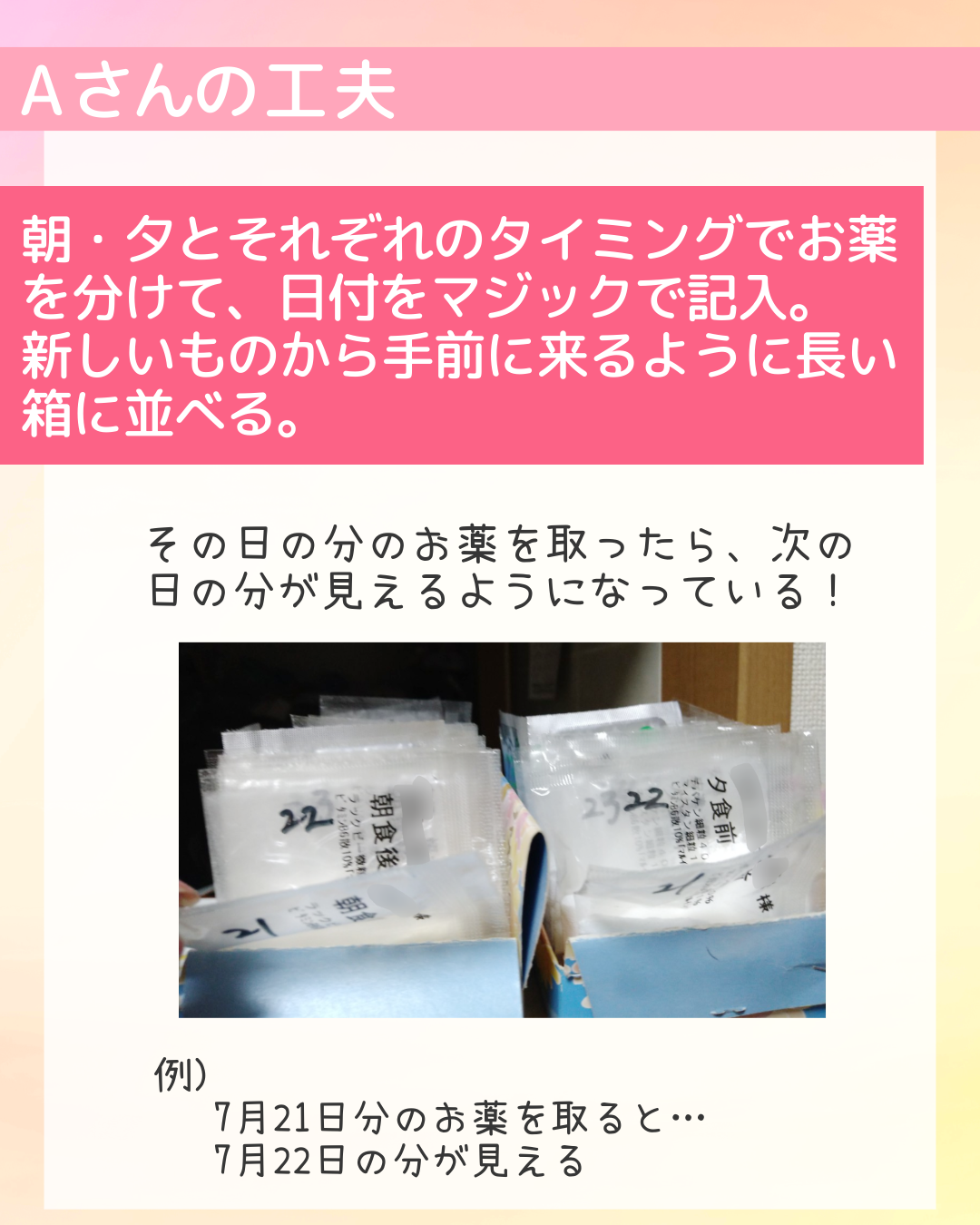 朝・夕とそれぞれのタイミングでお薬を分けて、日付をマジックで記入。新しいものから手前に来るように長い箱に並べる。その日の分のお薬を取ったら、次の日の分が見えるようになっている！