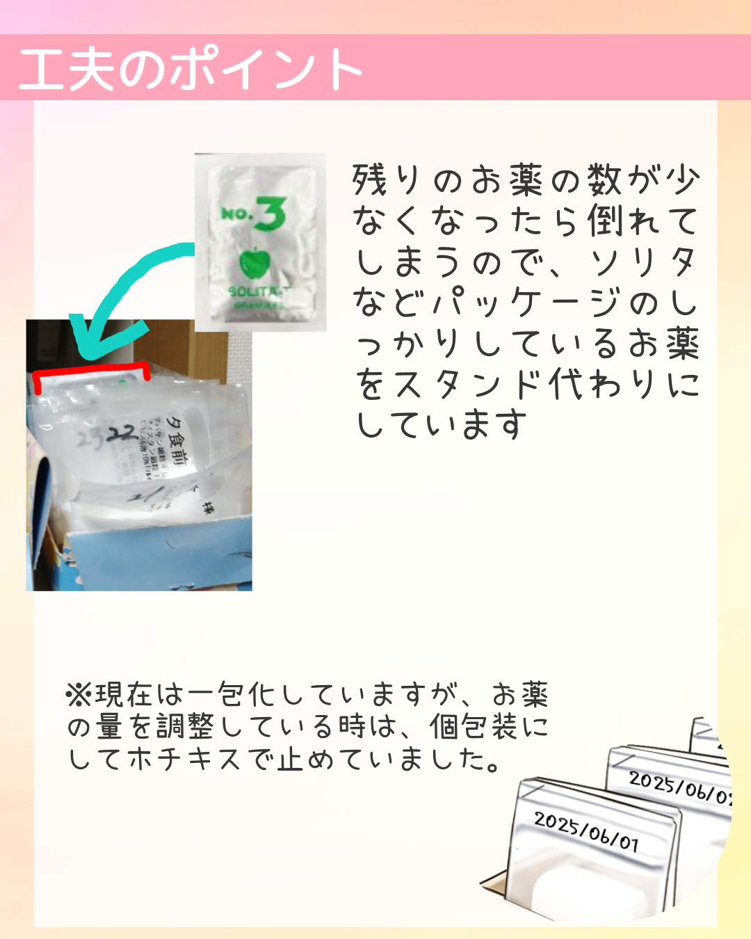 工夫のポイント　残りのお薬の数が少なくなったら倒れてしまうので、ソリタなどパッケージのしっかりしているお薬をスタンド代わりにしています。※現在は一包化していますが、お薬の量を調整している時は、個包装にしてホチキスで止めていました。