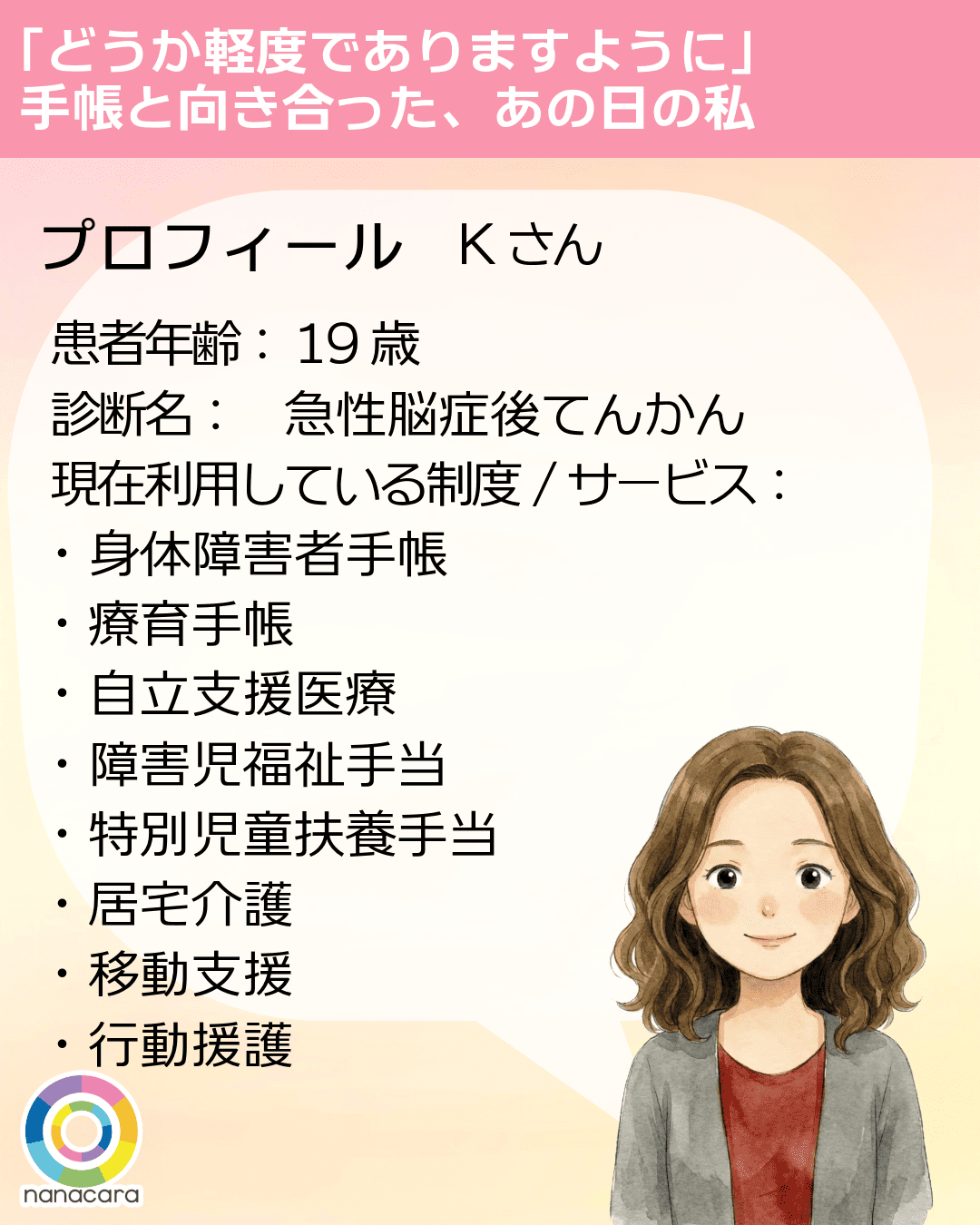 「どうか軽度でありますように」手帳と向き合った、あの日の私 プロフィール Kさん 患者年齢： 19歳 診断名： 急性脳症後てんかん 現在利用している制度/サービス：・身体障害者手帳・療育手帳・自立支援医療・障害児福祉手当・特別児童扶養手当・居宅介護・移動支援・行動援護