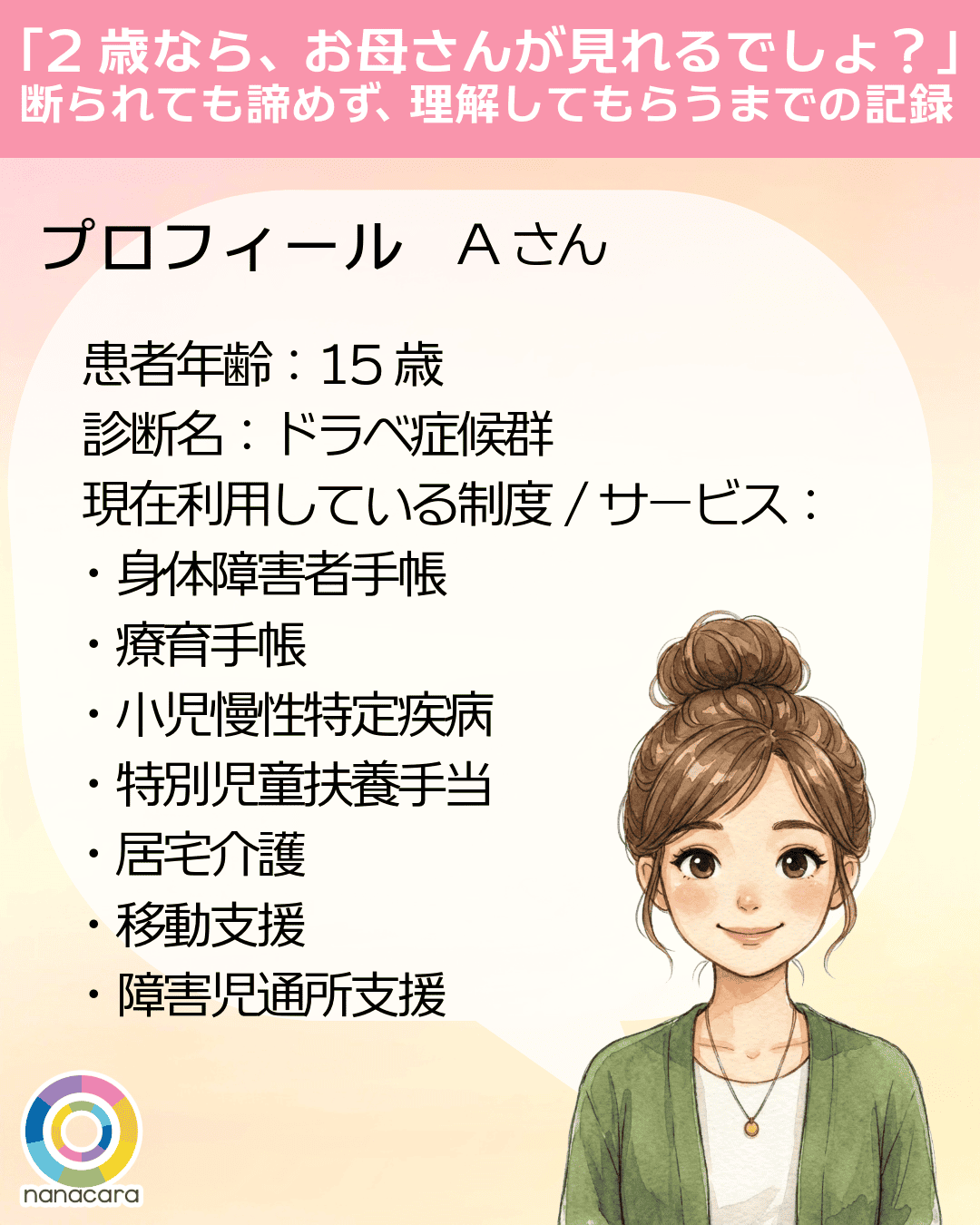 「2歳なら、お母さんが見れるでしょ？」断られても諦めず、理解してもらうまでの記録 プロフィール Aさん 患者年齢：15歳 診断名：ドラベ症候群 現在利用している制度/サービス：・身体障害者手帳・療育手帳・小児慢性特定疾病・特別児童扶養手当・居宅介護・移動支援・障害児通所支援