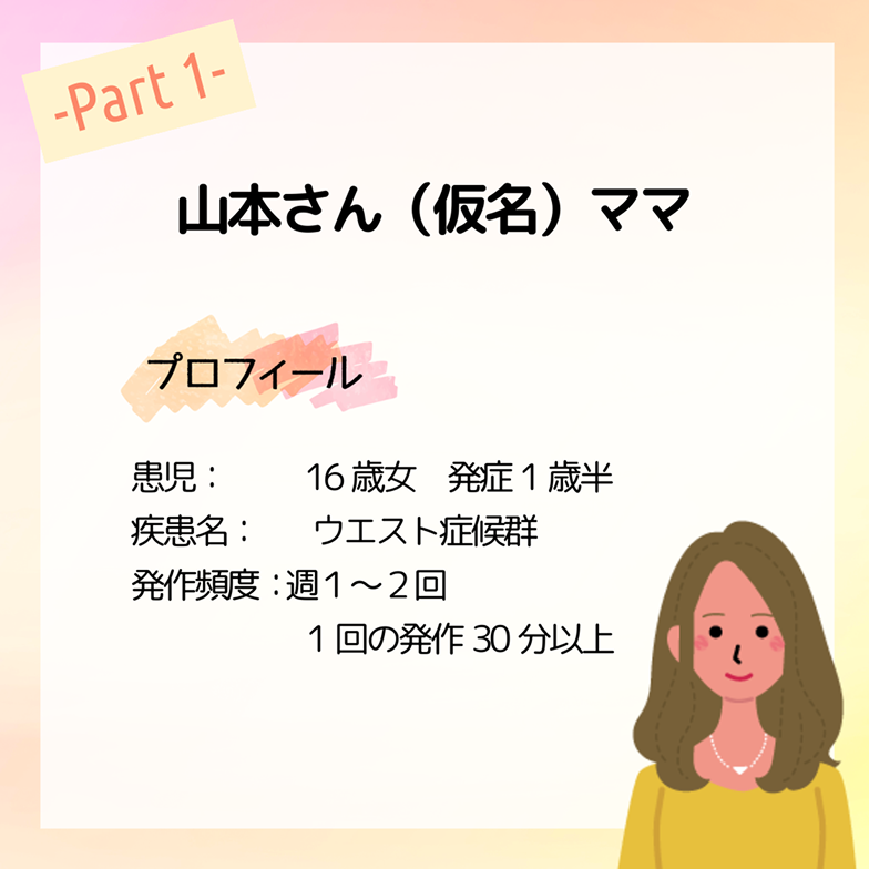 山本さん（仮名）ママ プロフィール 患児：16歳女　発症1歳半 疾患名：ウエスト症候群 発作頻度： 週１～２回 1回の発作30分以上