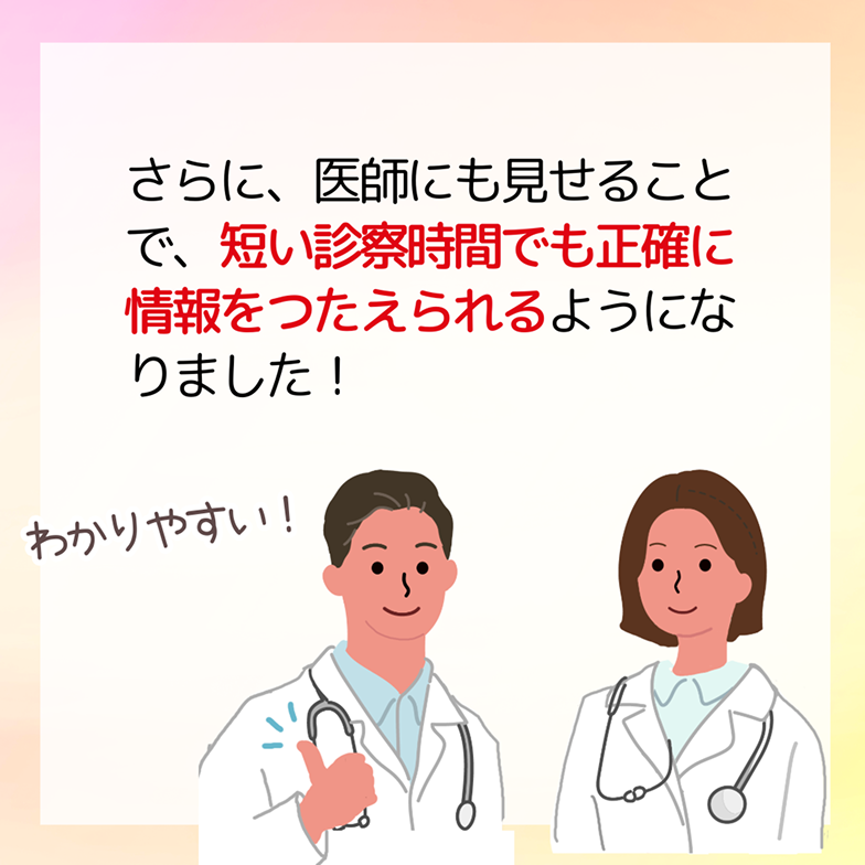 さらに、医師にも見せることで、短い診察時間でも正確に情報をつたえられるようになりました！