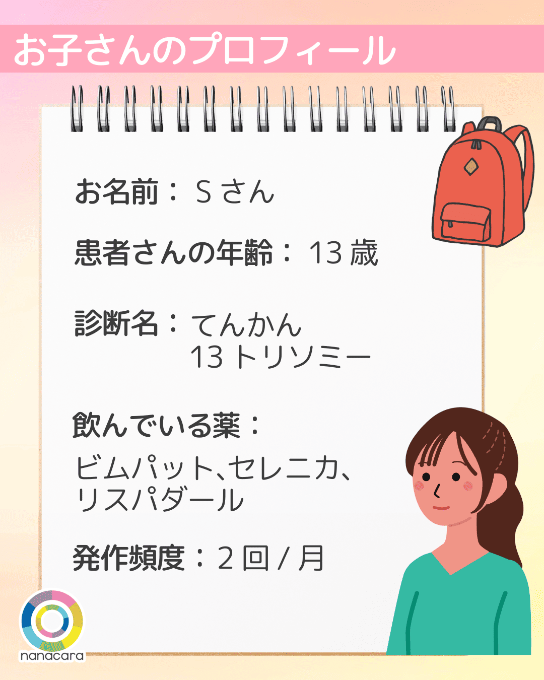 お子さんのプロフィール お名前：Sさん 患者さんの年齢：13歳 診断名：てんかん13トリソミー ​飲んでいる​薬：ビムパット、​セレニカ、​リスパダール ​発作頻度：2回/月