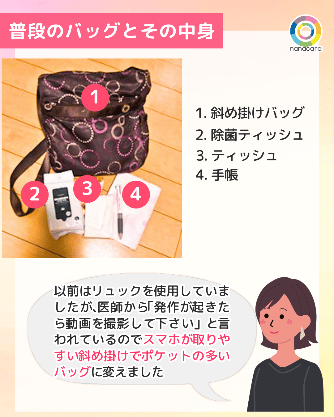 普段のバッグと​その​中身 1.斜め掛けバッグ 2.除菌ティッシュ 3.ティッシュ 4.手帳 以前は​リュックを​使用していましたが、​医師から​「発作が​起きたら​動画を​撮影して​下さい」と​言われているので​スマホが​取りやすい​斜め掛けで​ポケットの多い​バッグに​変えました​