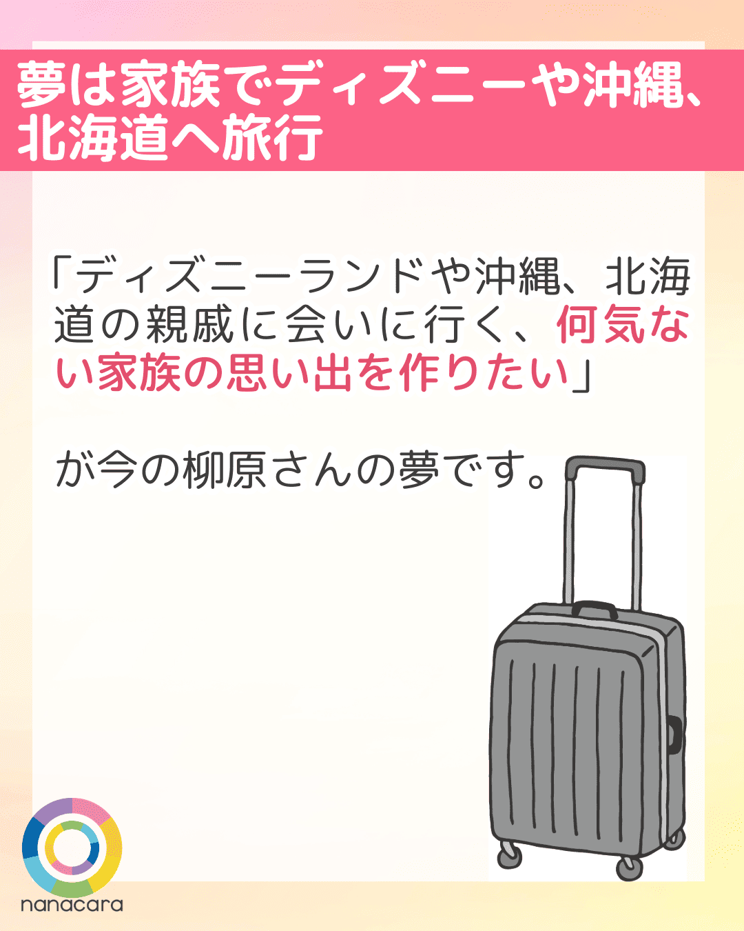 「ディズニーランドや沖縄、北海道の親戚に会いに行く、何気ない家族の思い出を作りたい」が今の柳原さんの夢です。