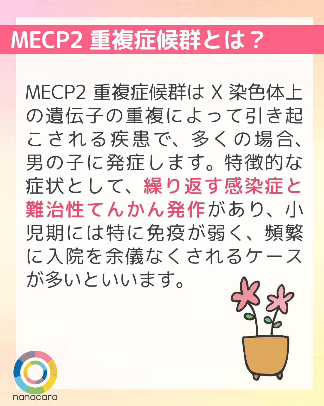 MECP2重複症候群とは？ MECP2重複症候群はX染色体上の遺伝子の重複によって引き起こされる疾患で、多くの場合、男の子に発症します。特徴的な症状として、繰り返す感染症と難治性てんかん発作があり、小児期には特に免疫が弱く、頻繁に入院を余儀なくされるケースが多いといいます。