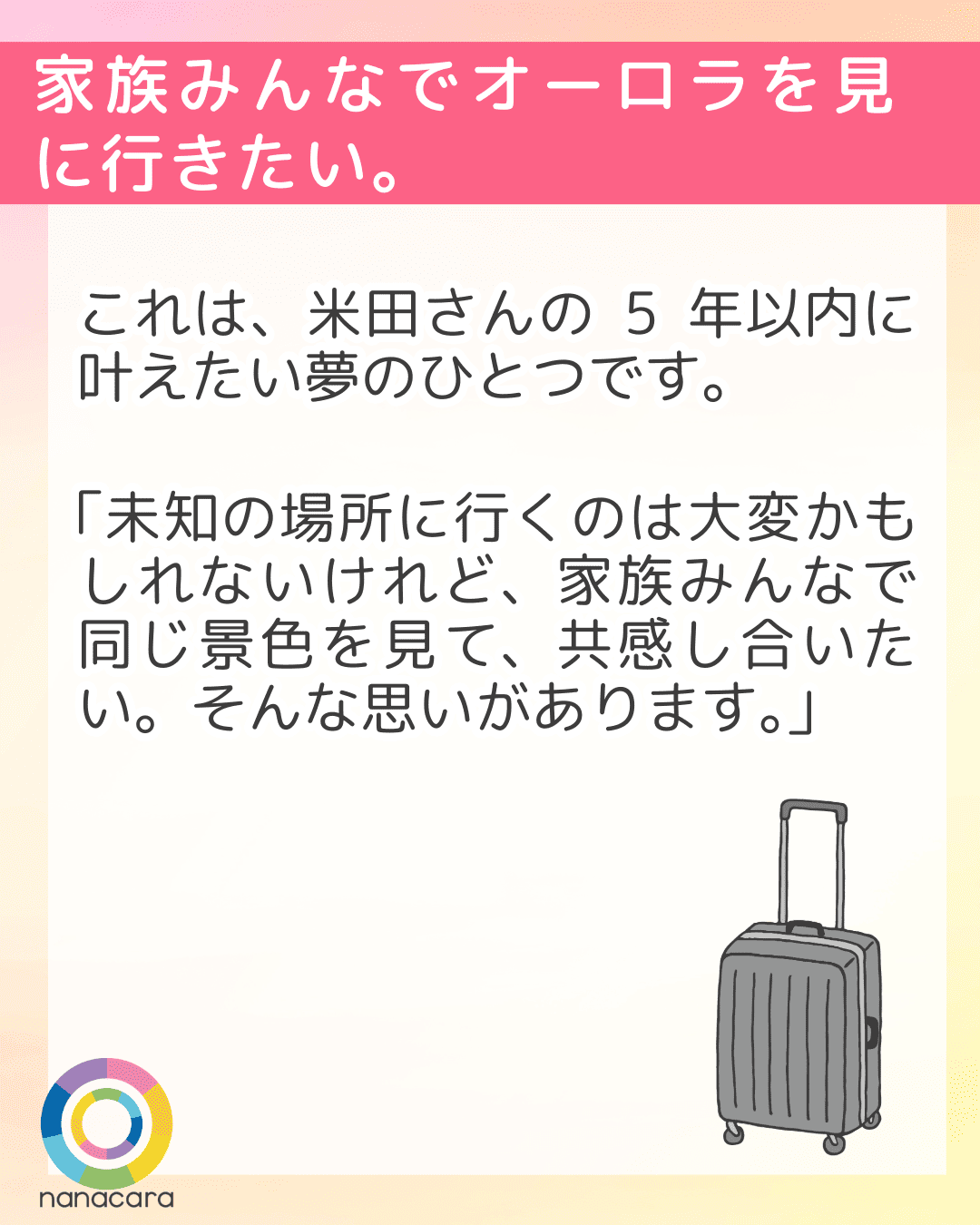 家族みんなでオーロラを見に行きたい。これは、米田さんの5年以内に叶えたい夢のひとつです。「未知の場所に行くのは大変かもしれないけれど、家族みんなで同じ景色を見て、共感し合いたい。そんな思いがあります。」