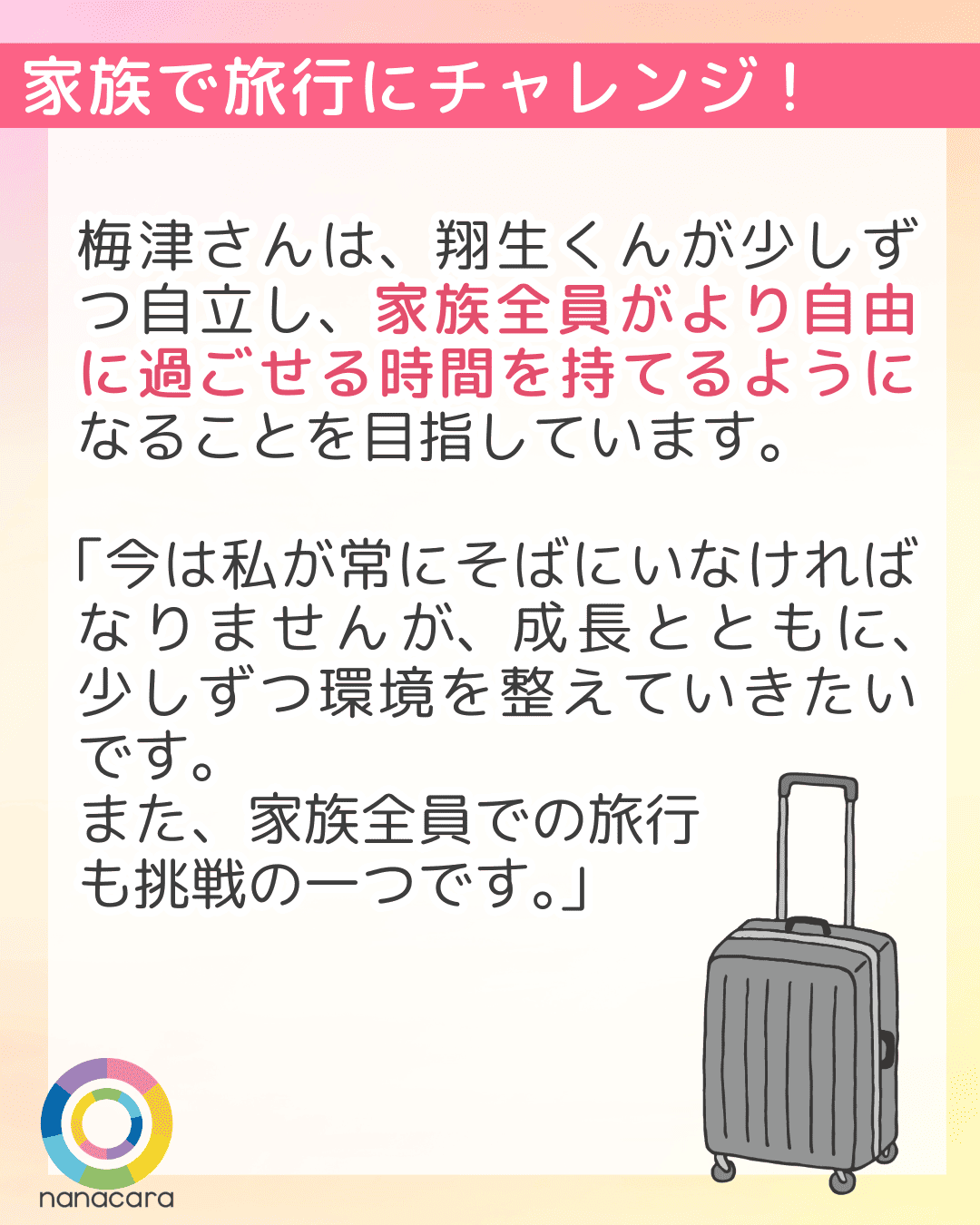 家族で旅行にチャレンジ! 梅津さんは、翔生くんが少しずつ自立し、家族全員がより自由に過ごせる時間を持てるようになることを目指しています。「今は私が常にそばにいなければなりませんが、成長とともに、少しずつ環境を整えていきたいです。また、家族全員での旅行も挑戦の一つです。」