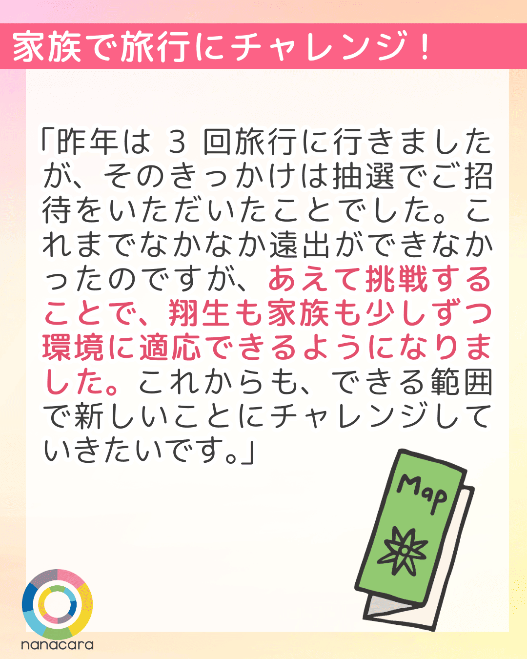 家族で旅行にチャレンジ! 「昨年は3回旅行に行きましたが、そのきっかけは抽選でご招待をいただいたことでした。これまでなかなか遠出ができなかったのですが、あえて挑戦することで、翔生も家族も少しずつ環境に適応できるようになりました。これからも、できる範囲で新しいことにチャレンジしていきたいです。」