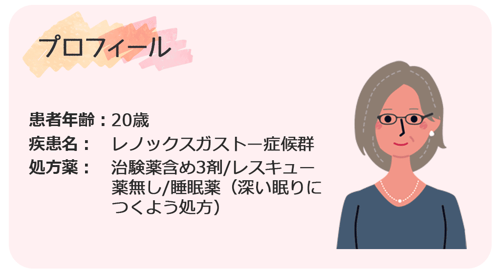 プロフィール 年齢：20歳 疾患名：レノックスガストー症候群 投薬状況：治験薬含め3剤/レスキュー薬無し/睡眠薬（深い眠りにつくよう処方）