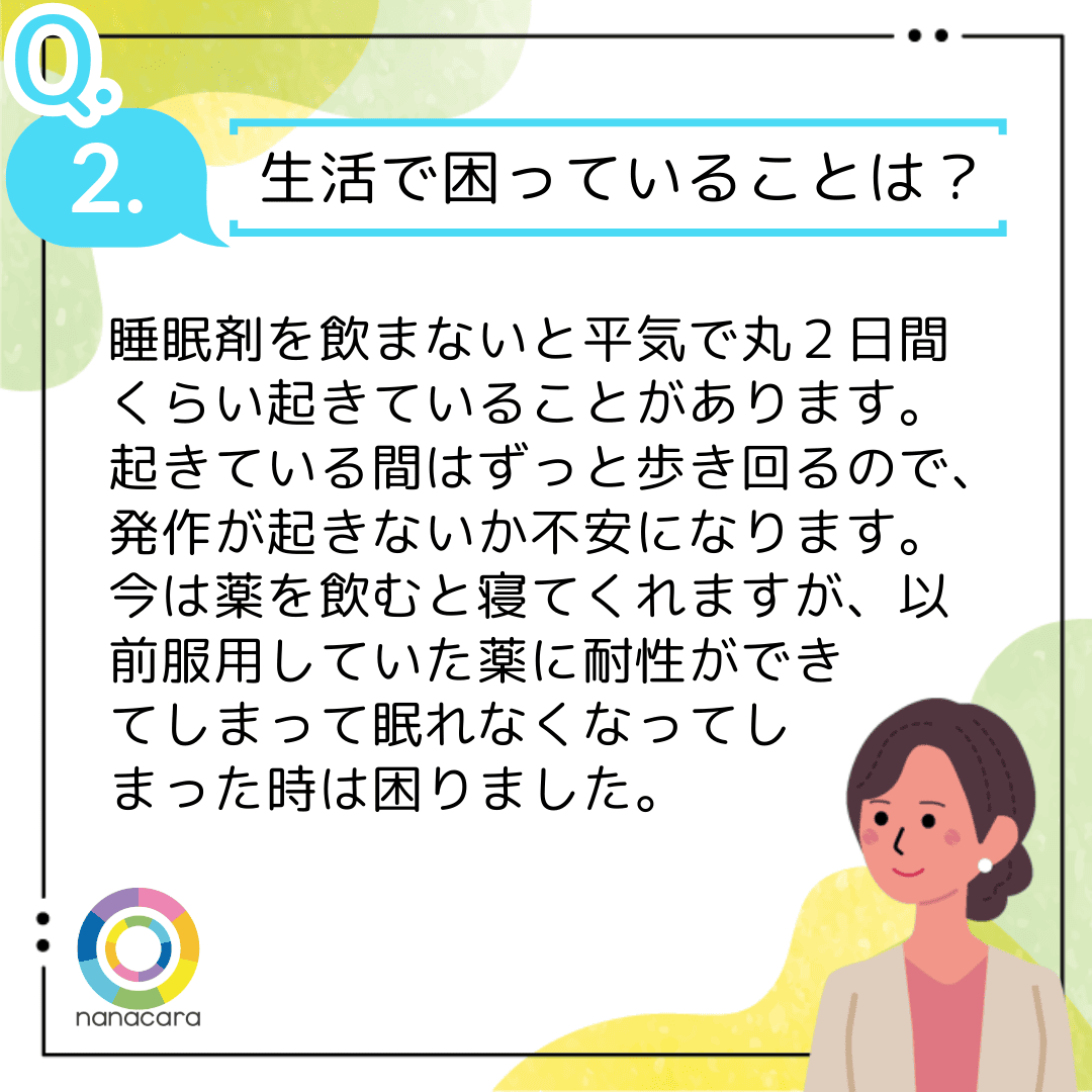 Q2.生活で困っていることは？睡眠剤を飲まないと平気で丸２日間くらい起きていることがあります。起きている間はずっと歩き回るので、発作が起きないか不安になります。今は薬を飲むと寝てくれますが、以前服用していた薬に耐性ができてしまって眠れなくなってしまった時は困りました。