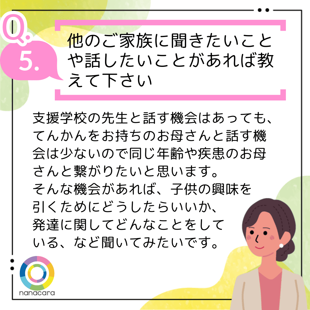 Q5.他のご家族に聞きたいことや話したいことがあれば教えて下さい 支援学校の先生と話す機会はあっても、てんかんをお持ちのお母さんと話す機会は少ないので同じ齢や疾患のお母さんと繋がりたいと思います。そんな機会があれば、子供の興味を引くためにどうしたらいいか、発達に関してどんなことをしている、など聞いてみたいです。