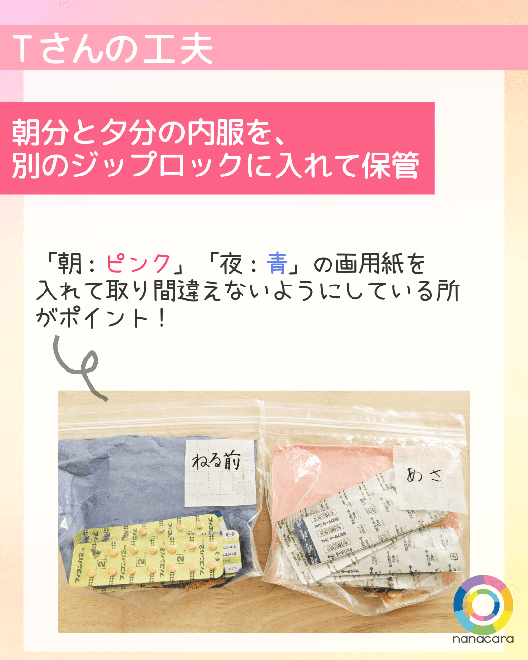 Tさんの工夫 朝分と夕分の内服を、別のジップロックに入れて保管 「朝：ピンク」「夜：青」の画用紙を入れて取り間違えないようにしている所がポイント！