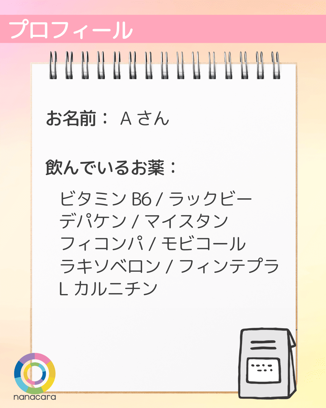 プロフィール お名前：Aさん 飲んでいるお薬：ビタミンB6 /ラックビー デパケン/マイスタン フィコンパ/モビコール ラキソベロン/フィンテプラ Lカルニチン