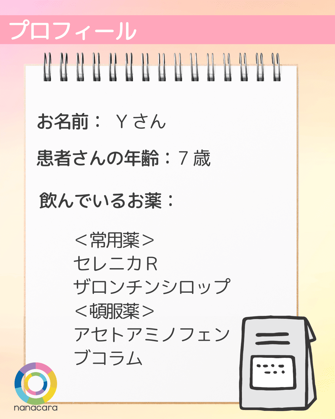 プロフィール お名前：Yさん 患者さんの年齢：7歳 飲んでいるお薬：＜常用薬＞ セレニカＲ ザロンチンシロップ ＜頓服薬＞ アセトアミノフェン ブコラム