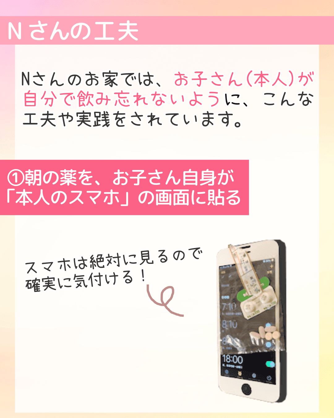 Nさんの工夫 Nさんのお家では、お子さん(本人)が自分で飲み忘れないように、こんな工夫や実践をされています。(1)朝の薬を、お子さん自身が「本人のスマホ」の画面に貼る スマホは絶対に見るので確実に気付ける！