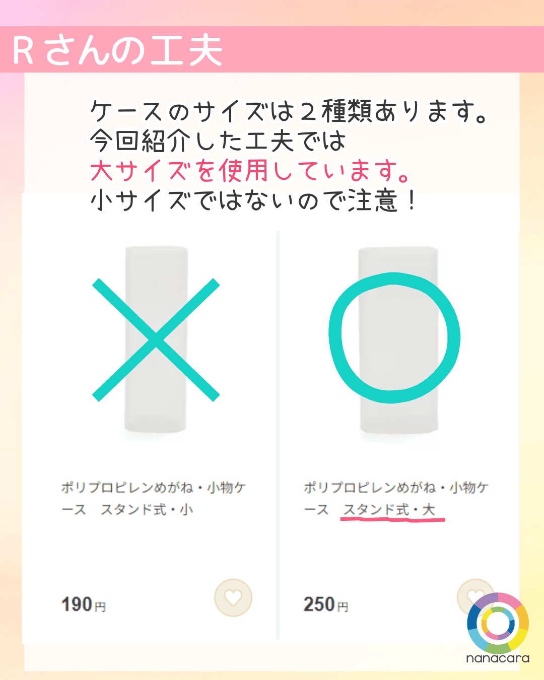 Rさんの工夫 ケースのサイズは２種類あります。今回紹介した工夫では大サイズを使用しています。小サイズではないので注意！