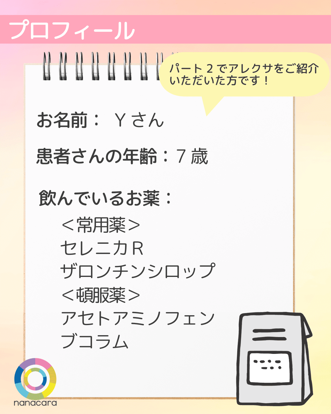 プロフィール お名前：Yさん 患者さんの年齢：7歳 飲んでいるお薬：＜常用薬＞ セレニカＲ ザロンチンシロップ ＜頓服薬＞ アセトアミノフェン ブコラム パート2でアレクサをご紹介いただいた方です！