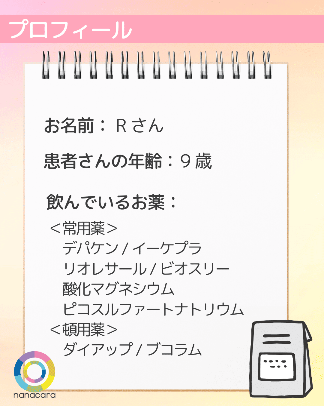 プロフィール お名前：Rさん 患者さんの年齢：9歳 飲んでいるお薬：＜常用薬＞ デパケン/イーケプラ リオレサール/ビオスリー 酸化マグネシウム ピコスルファートナトリウム ＜頓用薬＞ ダイアップ/ブコラム
