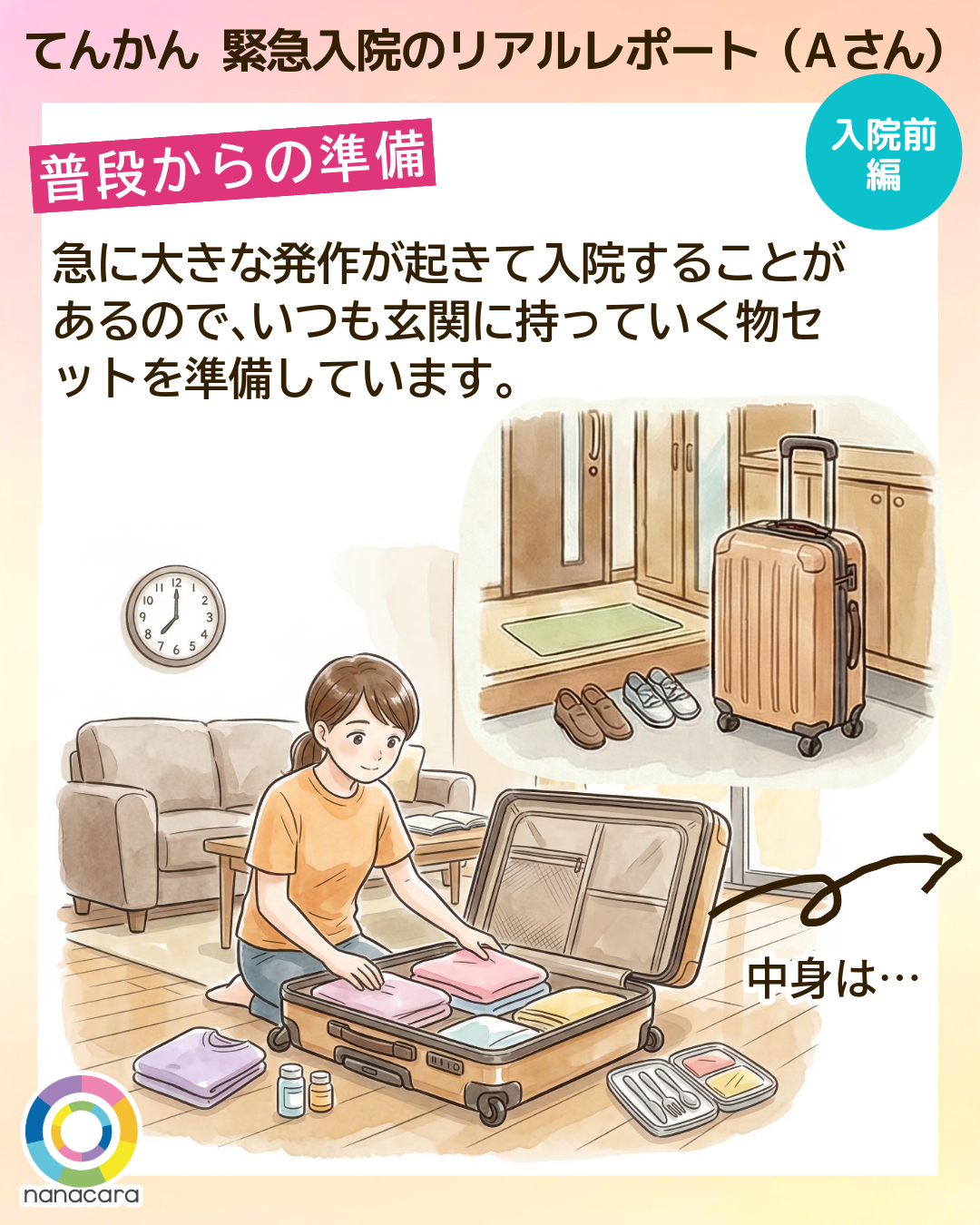 てんかん緊急入院のリアルレポート（Aさん） 普段からの準備 急に大きな発作が起きて入院することがあるので、いつも玄関に持っていく物セットを準備しています。