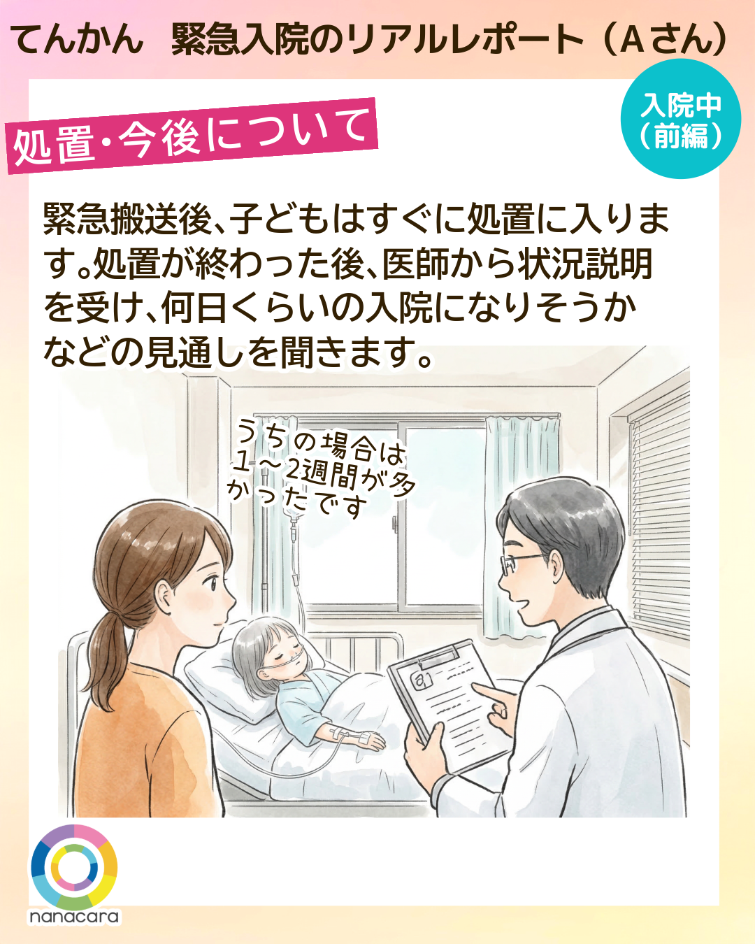 てんかん緊急入院のリアルレポート（Aさん） 処置・今後について 緊急搬送後、子どもはすぐに処置に入ります。処置が終わった後、医師から状況説明を受け、何日くらいの入院になりそうかなどの見通しを聞きます。