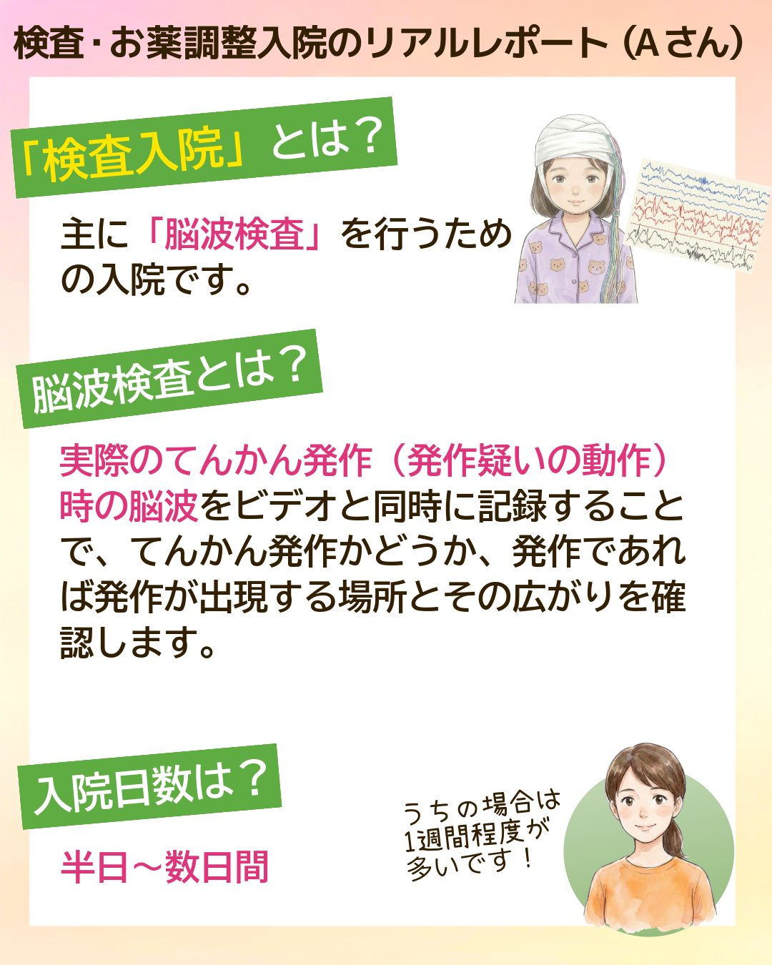 検査・お薬調整入院のリアルレポート（Aさん）「検査入院」とは？主に「脳波検査」を行うための入院です。 脳波検査とは？実際のてんかん発作（発作疑いの動作）時の脳波をビデオと同時に記録することで、てんかん発作かどうか、発作であれば発作が出現する場所とその広がりを確認します。  入院日数は？半日～数日間 