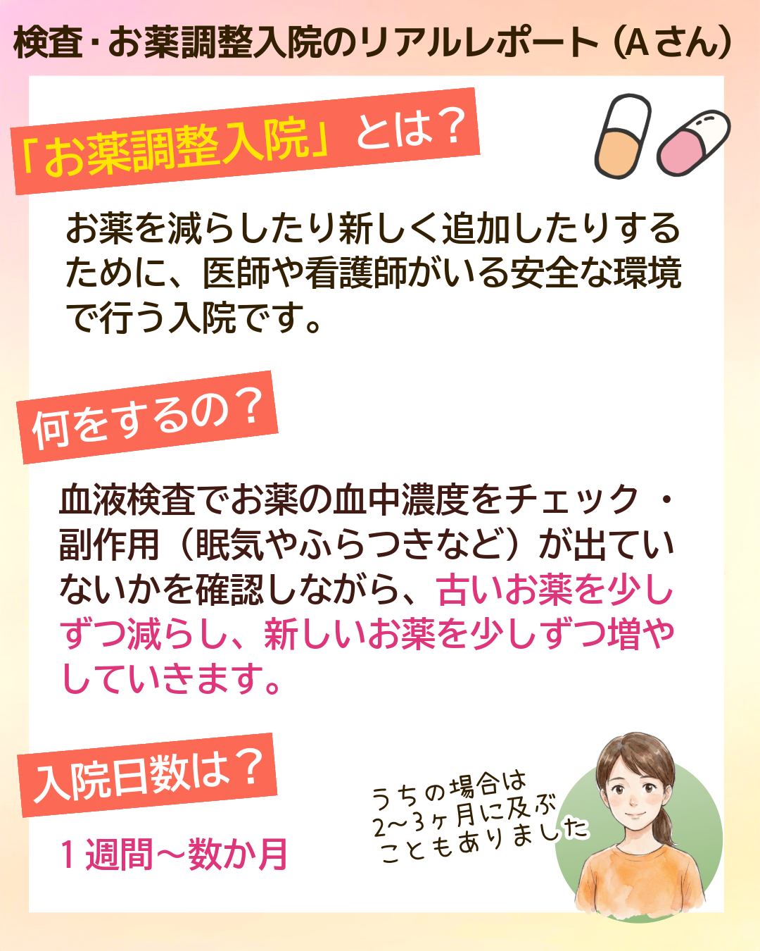 検査・お薬調整入院のリアルレポート（Aさん）「お薬調整入院」とは？お薬を減らしたり新しく追加したりするために、医師や看護師がいる安全な環境で行う入院です。何をするの？血液検査でお薬の血中濃度をチェック ・副作用（眠気やふらつきなど）が出ていないかを確認しながら、古いお薬を少しずつ減らし、新しいお薬を少しずつ増やしていきます。入院日数は？1週間～数か月