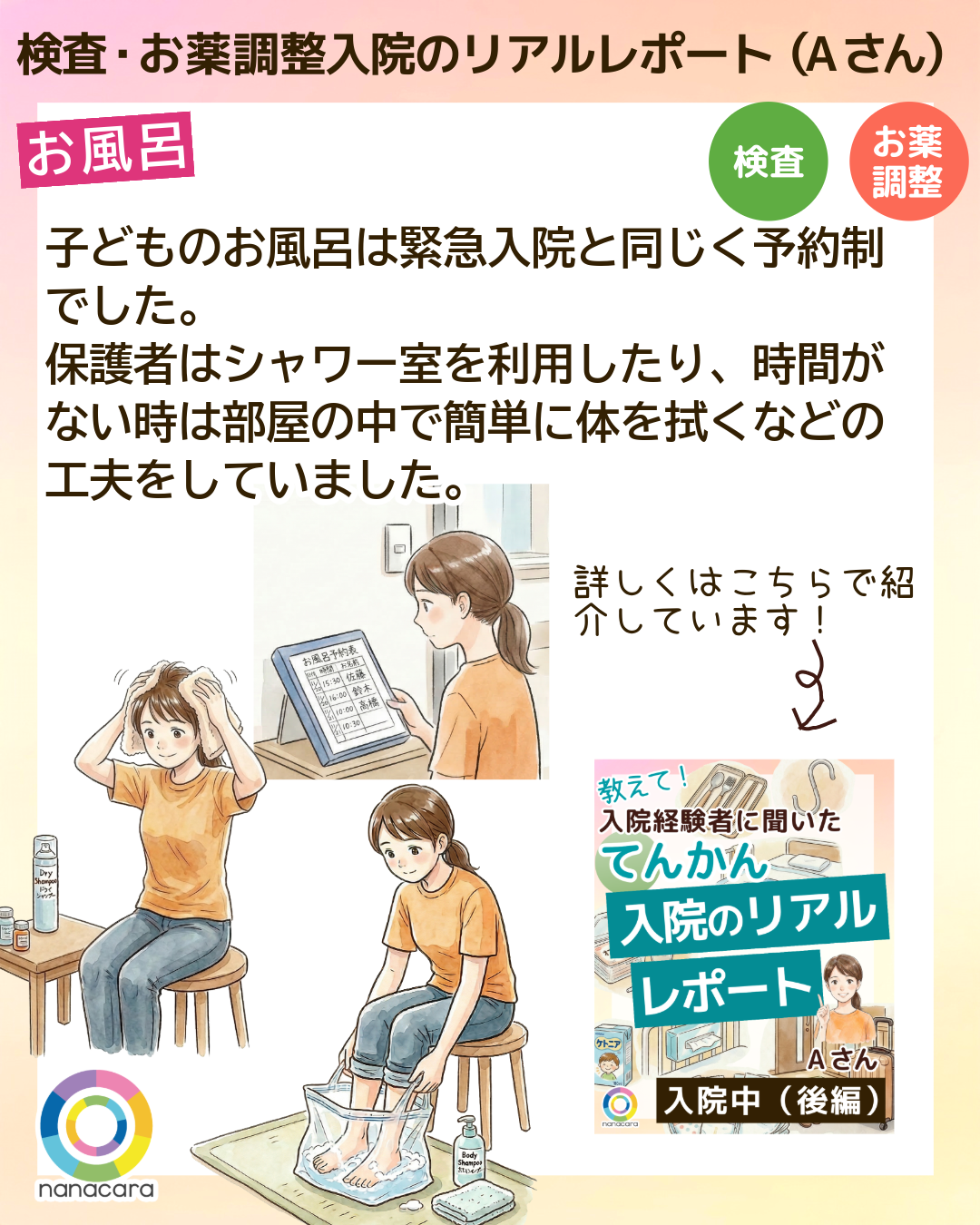検査・お薬調整入院のリアルレポート（Aさん）お風呂 子どものお風呂は緊急入院と同じく予約制でした。保護者はシャワー室を利用したり、時間がない時は部屋の中で簡単に体を拭くなどの工夫をしていました。