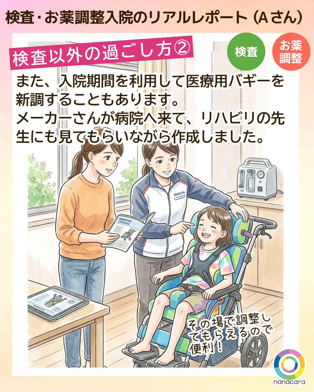 検査・お薬調整入院のリアルレポート（Aさん）検査以外の過ごし方(2) また、入院期間を利用して医療用バギーを新調することもあります。メーカーさんが病院へ来て、リハビリの先生にも見てもらいながら作成しました。
