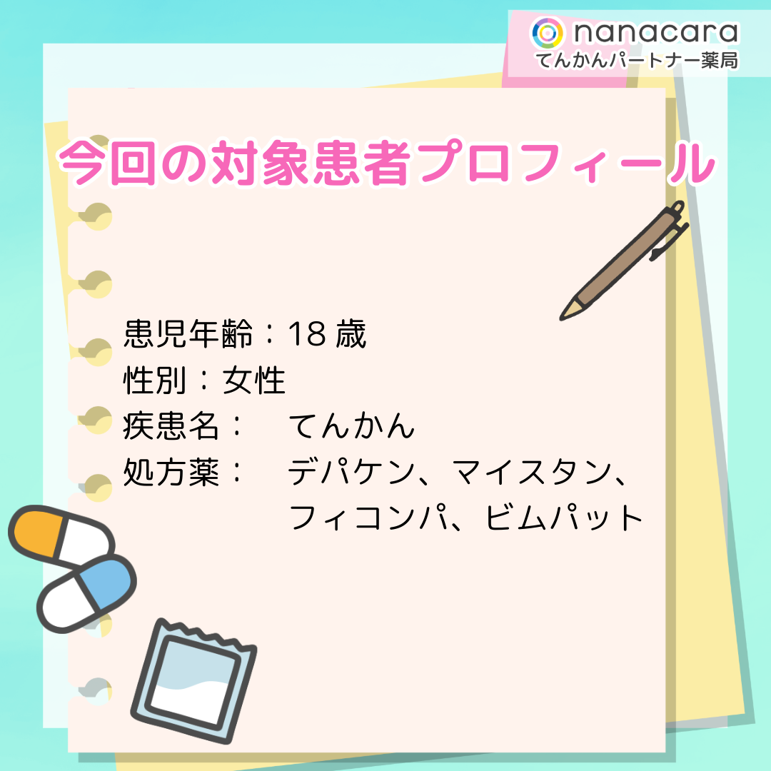 今回の対象患者プロフィール 患児年齢：18歳 性別：女性 疾患名：てんかん 処方薬：デパケン、マイスタン、フィコンパ、ビムパット
