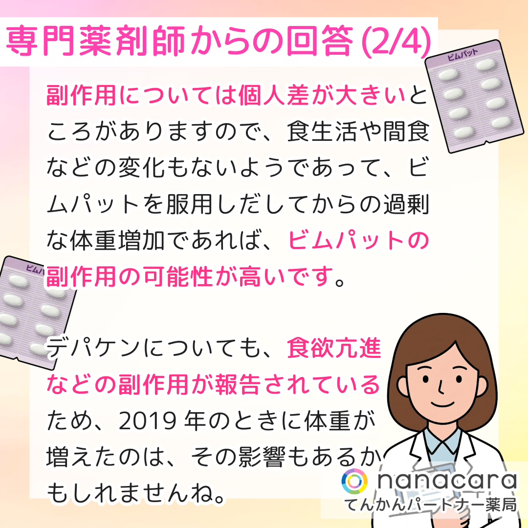 専門薬剤師からの回答(2/4) 副作用については個人差が大きいところがありますので、食生活や間食などの変化もないようであって、ビムパットを服用しだしてからの過剰な体重増加であれば、ビムパットの副作用の可能性が高いです。デパケンについても、食欲亢進などの副作用が報告されているため、2019年のときに体重が増えたのは、その影響もあるかもしれませんね。