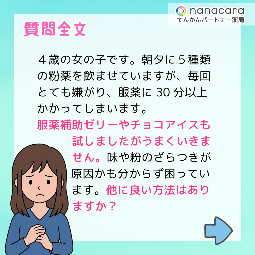 質問全文 ４歳の女の子です。朝夕に５種類の粉薬を飲ませていますが、毎回とても嫌がり、服薬に30分以上かかってしまいます。服薬補助ゼリーやチョコアイスも試しましたがうまくいきません。味や粉のざらつきが原因かも分からず困っています。他に良い方法はありますか？