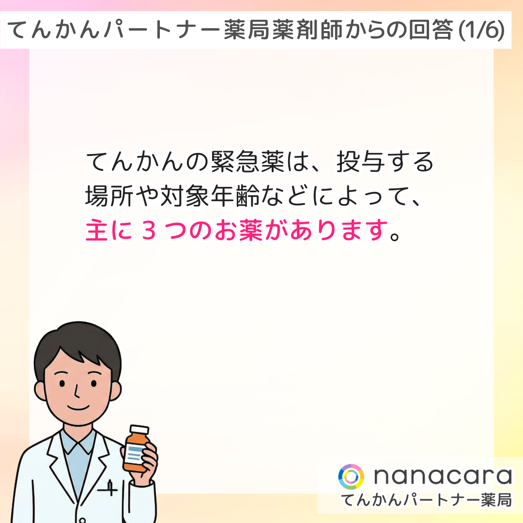 てんかんパートナー薬局 薬剤師からの回答(1/6) てんかんの緊急薬は、投与する場所や対象年齢などによって、主に3つのお薬があります。