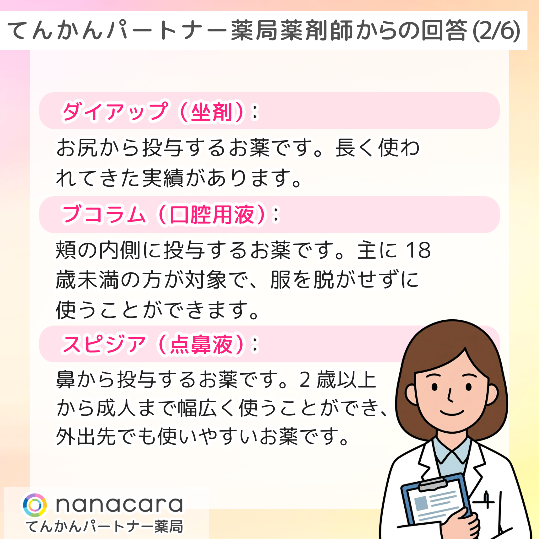 てんかんパートナー薬局 薬剤師からの回答(2/6)  ダイアップ（坐剤）：お尻から投与するお薬です。長く使われてきた実績があります。 ブコラム（口腔用液）：頬の内側に投与するお薬です。主に18歳未満の方が対象で、服を脱がせずに使うことができます。 スピジア（点鼻液）：鼻から投与するお薬です。2歳以上から成人まで幅広く使うことができ、外出先でも使いやすいお薬です。