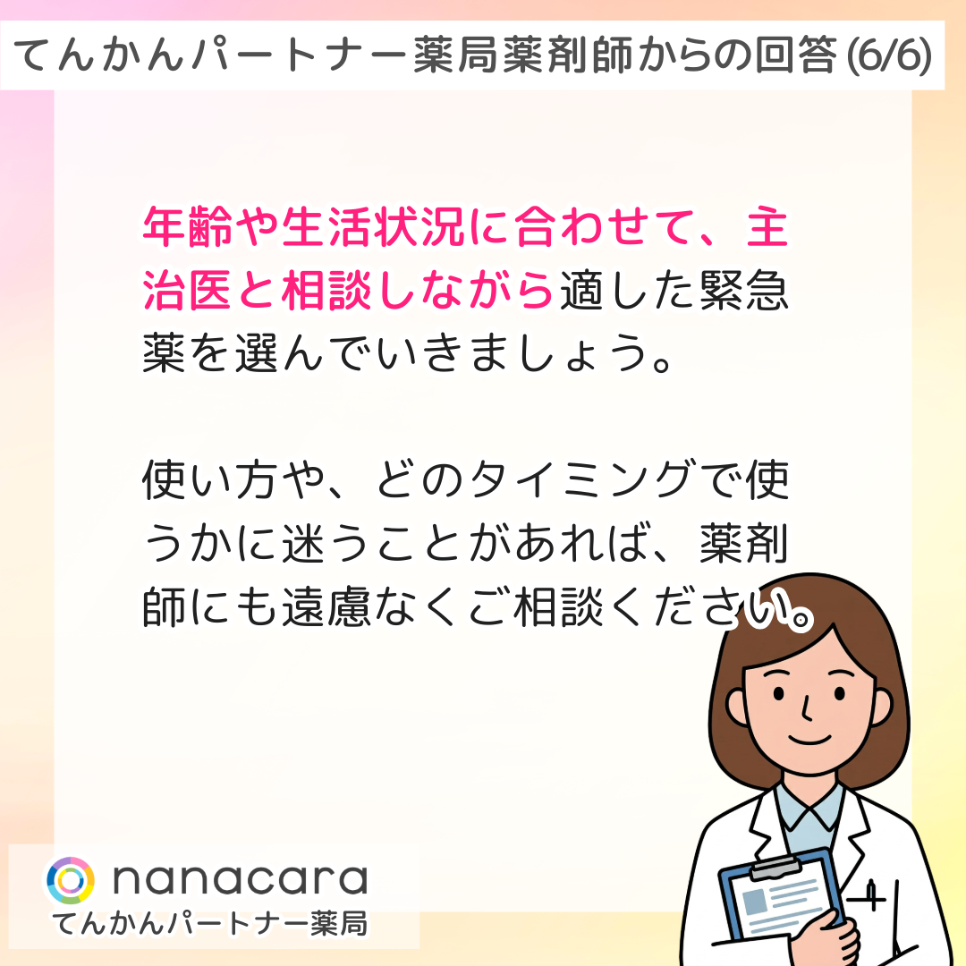 てんかんパートナー薬局 薬剤師からの回答(6/6) 年齢や生活状況に合わせて、主治医と相談しながら適した緊急薬を選んでいきましょう。使い方や、どのタイミングで使うかに迷うことがあれば、薬剤師にも遠慮なくご相談ください。