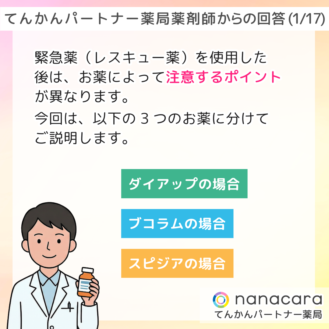 てんかんパートナー薬局 薬剤師からの回答(1/17) 緊急薬（レスキュー薬）を使用した後は、お薬によって注意するポイントが異なります。今回は、以下の3つのお薬に分けてご説明します。ダイアップの場合 ブコラムの場合 スピジアの場合