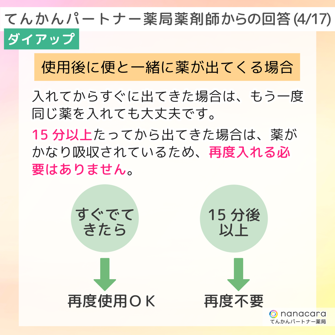 てんかんパートナー薬局 薬剤師からの回答(4/17) ダイアップ 使用後に便と一緒に薬が出てくる場合 入れてからすぐに出てきた場合は、もう一度同じ薬を入れても大丈夫です。15分以上たってから出てきた場合は、薬がかなり吸収されているため、再度入れる必要はありません。