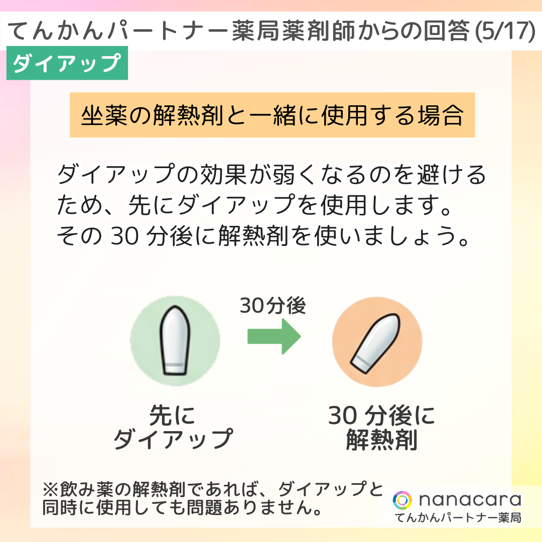てんかんパートナー薬局 薬剤師からの回答(5/17)  ダイアップ 坐薬の解熱剤と一緒に使用する場合 ダイアップの効果が弱くなるのを避けるため、先にダイアップを使用します。その30分後に解熱剤を使いましょう。※飲み薬の解熱剤であれば、ダイアップと同時に使用しても問題ありません。