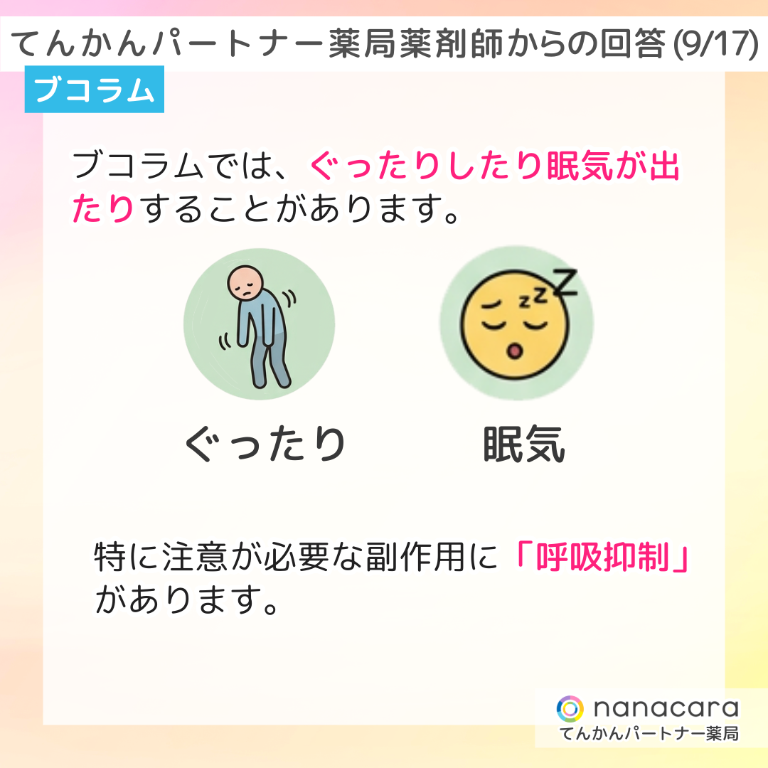 てんかんパートナー薬局 薬剤師からの回答(9/17) ブコラム ブコラムでは、ぐったりしたり眠気が出たりすることがあります。特に注意が必要な副作用に「呼吸抑制」があります。