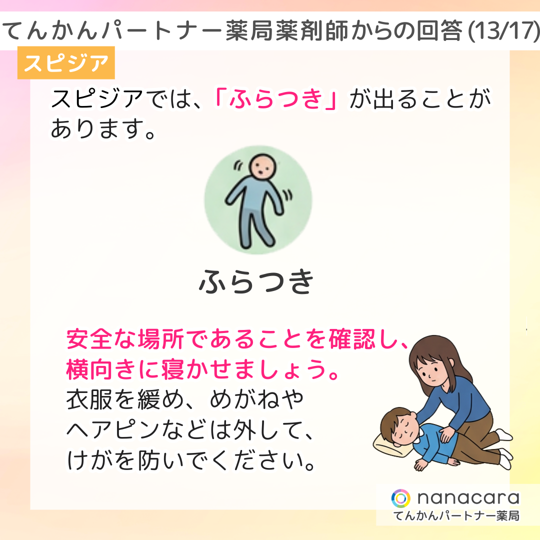 てんかんパートナー薬局 薬剤師からの回答(13/17) スピジア スピジアでは、「ふらつき」が出ることがあります。安全な場所であることを確認し、横向きに寝かせましょう。衣服を緩め、めがねやヘアピンなどは外して、けがを防いでください。