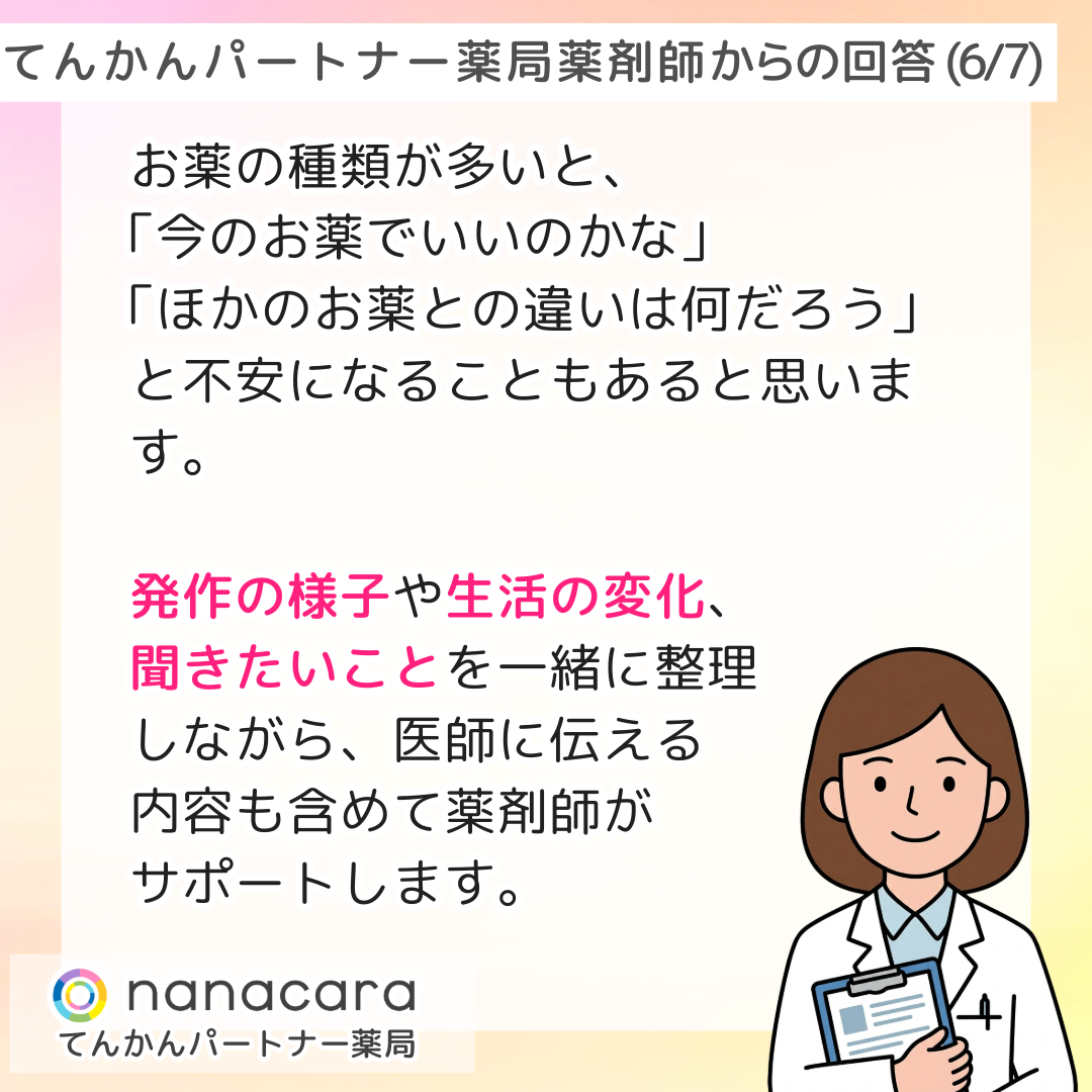 てんかんパートナー薬局 薬剤師からの回答(6/7) お薬の種類が多いと、「今のお薬でいいのかな」「ほかのお薬との違いは何だろう」と不安になることもあると思います。発作の様子や生活の変化、聞きたいことを一緒に整理しながら、医師に伝える内容も含めて薬剤師がサポートします。