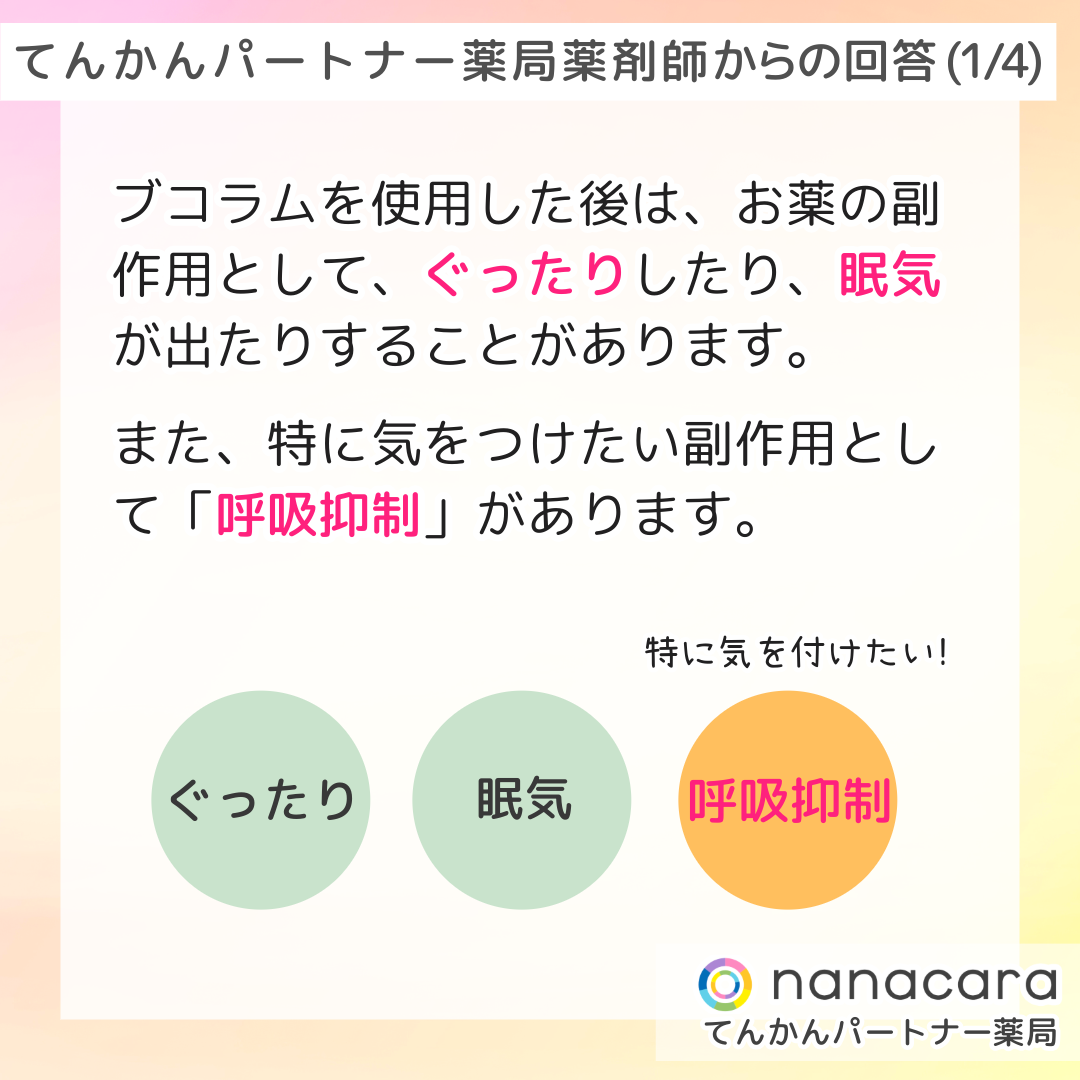 てんかんパートナー薬局 薬剤師からの回答(1/4) ブコラムを使用した後は、お薬の副作用として、ぐったりしたり、眠気が出たりすることがあります。また、特に気をつけたい副作用として「呼吸抑制」があります。