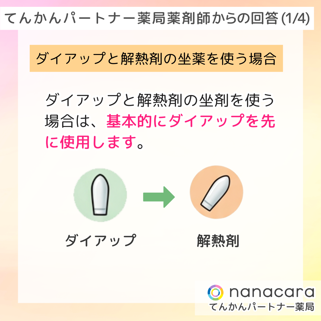 てんかんパートナー薬局 薬剤師からの回答(1/4) ダイアップと解熱剤の坐薬を使う場合 ダイアップと解熱剤の坐剤を使う場合は、基本的にダイアップを先に使用します。