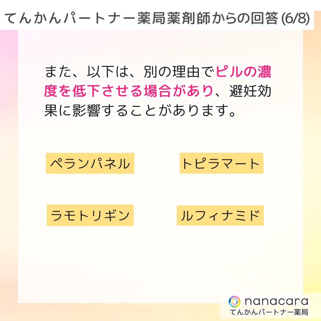 てんかんパートナー薬局薬剤師からの回答(6/8) また、以下は、別の理由でピルの濃度を低下させる場合があり、避妊効果に影響することがあります。ペランパネル トピラマート ラモトリギン ルフィナミド