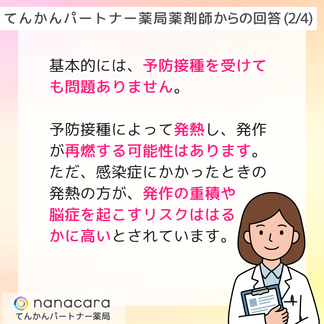 てんかんパートナー薬局 薬剤師からの回答(2/4) 基本的には、予防接種を受けても問題ありません。予防接種によって発熱し、発作が再燃する可能性はあります。ただ、感染症にかかったときの発熱の方が、発作の重積や脳症を起こすリスクははるかに高いとされています。