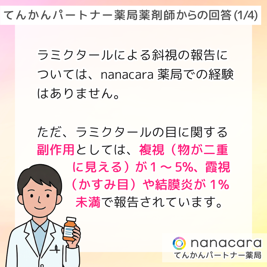 てんかんパートナー薬局薬剤師からの回答(1/3) ラミクタールによる斜視の報告については、nanacara薬局での経験はありません。ただ、ラミクタールの目に関する副作用としては、複視（物が二重に見える）が1～5％、霞視（かすみ目）や結膜炎が1％未満で報告されています。
