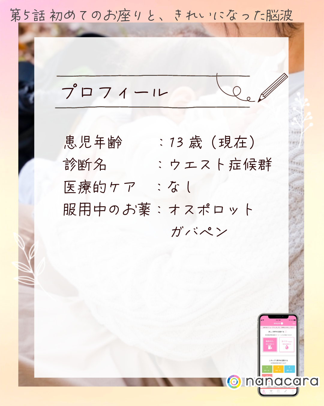 プロフィール 患児年齢：13歳（現在） 診断名：ウエスト症候群 医療的ケア：なし 服用中のお薬：オスポロット ガバペン