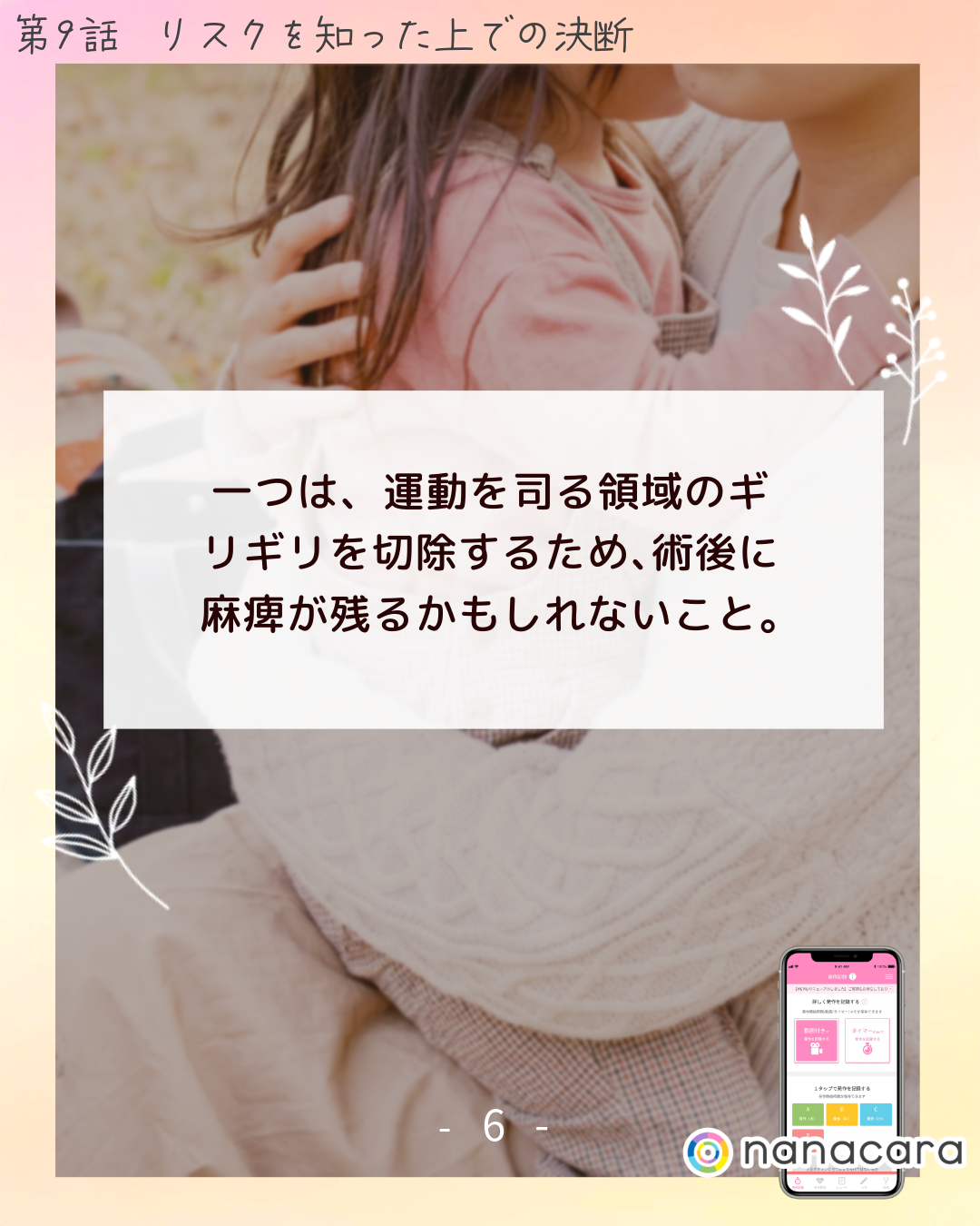 一つは、運動を​司る​領域の​ギリギリを​切除する​ため、​術後に​麻痺が​残るかもしれない​こと。​