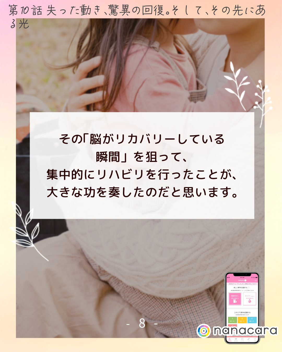 その​「脳が​リカバリーしている​瞬間」を​狙って、​集中的に​リハビリを​行った​ことが、大きな​功を​奏したのだと​思います。​​