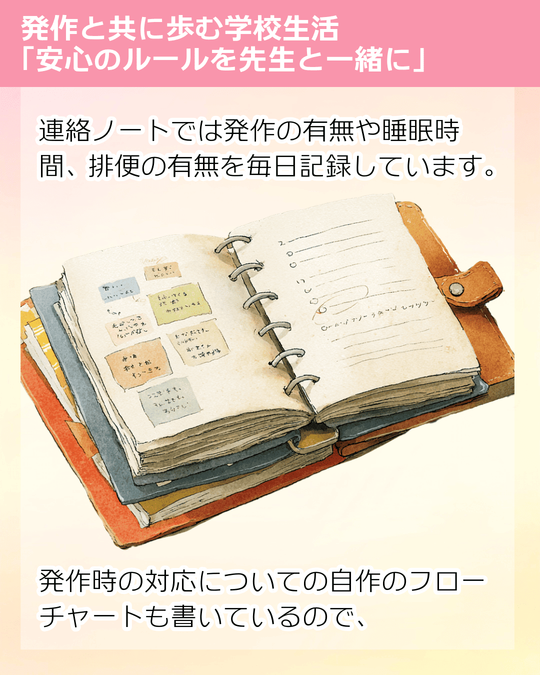 連絡ノートでは発作の有無や睡眠時間、排便の有無を毎日記録しています。発作時の対応についての自作のフローチャートも書いているので、
